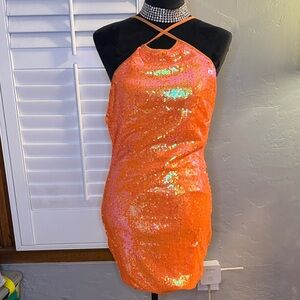 Sequin Halter Dress in Vibrant Orange